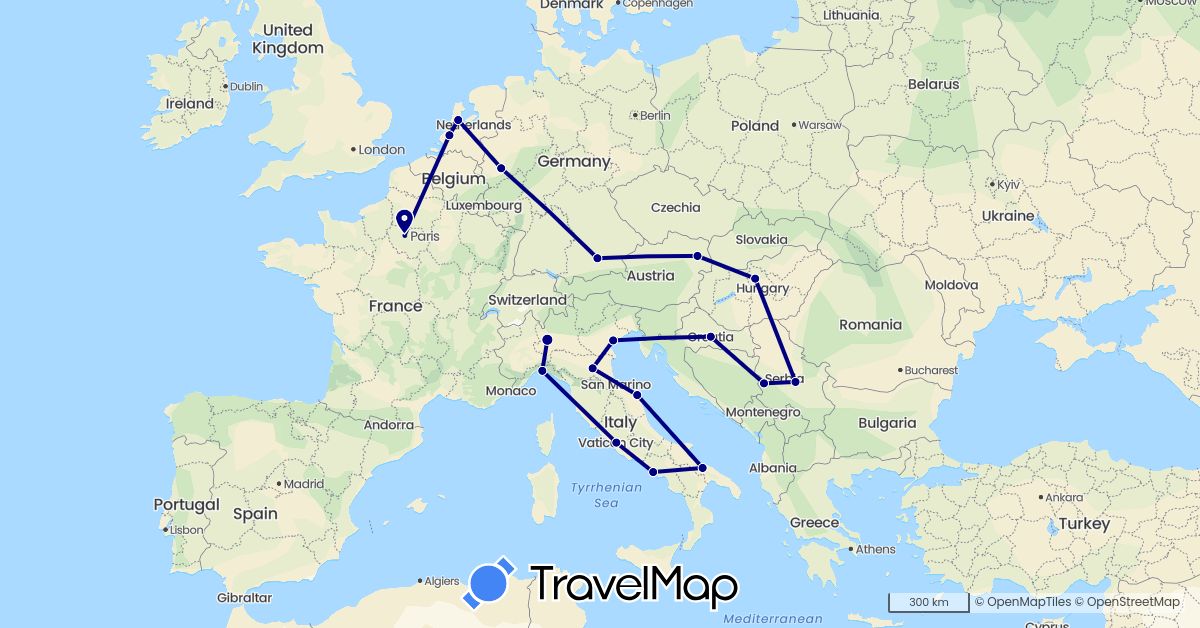 TravelMap itinerary: driving in Austria, Germany, France, Croatia, Hungary, Italy, Netherlands, Serbia (Europe)